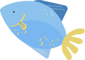 A stylized, light blue fish with yellow fins and tail, shown from the side against a white background.