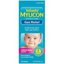 Product packaging for Infants' Mylicon Gas Relief drops. The box is teal with a photo of a smiling baby.