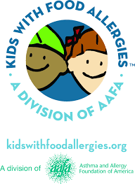 Logo for Kids with Food Allergies featuring two stylized faces inside a circle, with the text kids withfoodallergies.org.