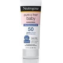 A tube of Neutrogena Pure & Free Baby Sunscreen SPF 50, white with pink and black branding, on a plain white background.
