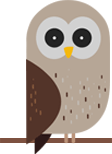 A cartoon owl with large eyes and brown wing markings, perched on a branch against a white background.