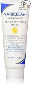 A white tube of Vanicream Broad Spectrum SPF 50+ sunscreen, noting a 2-pack and its ingredient-free formula.