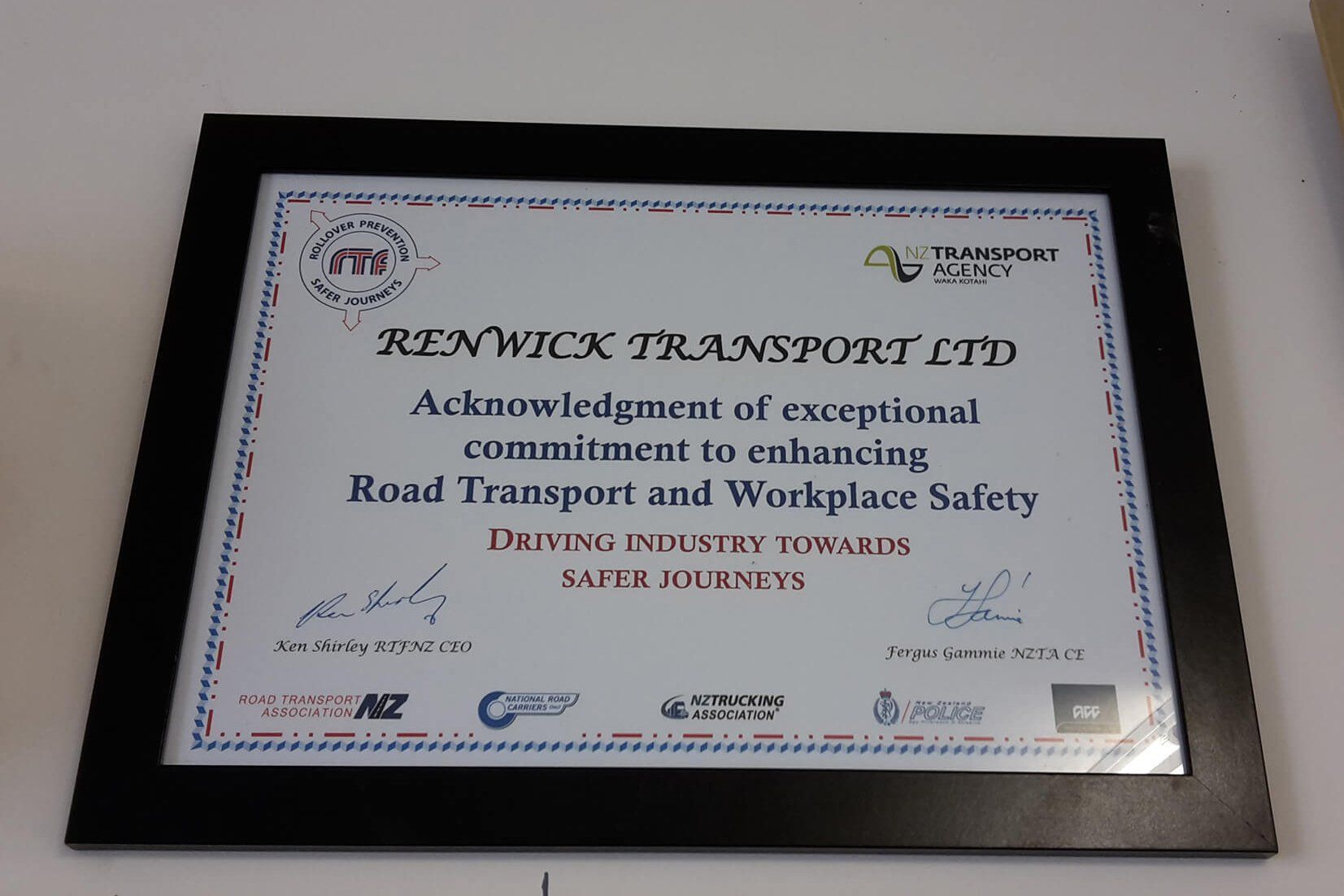 NZ Transport Agency award for Renwick Transport Ltd in Marlborough, NZ