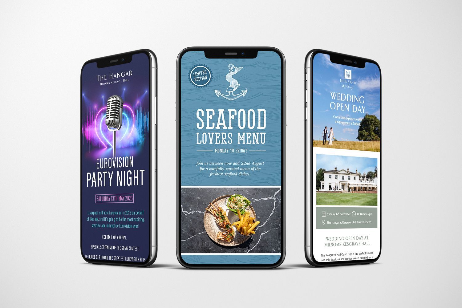 Three smartphones displayed against a plain background, showing digital promotions for a hospitality business.