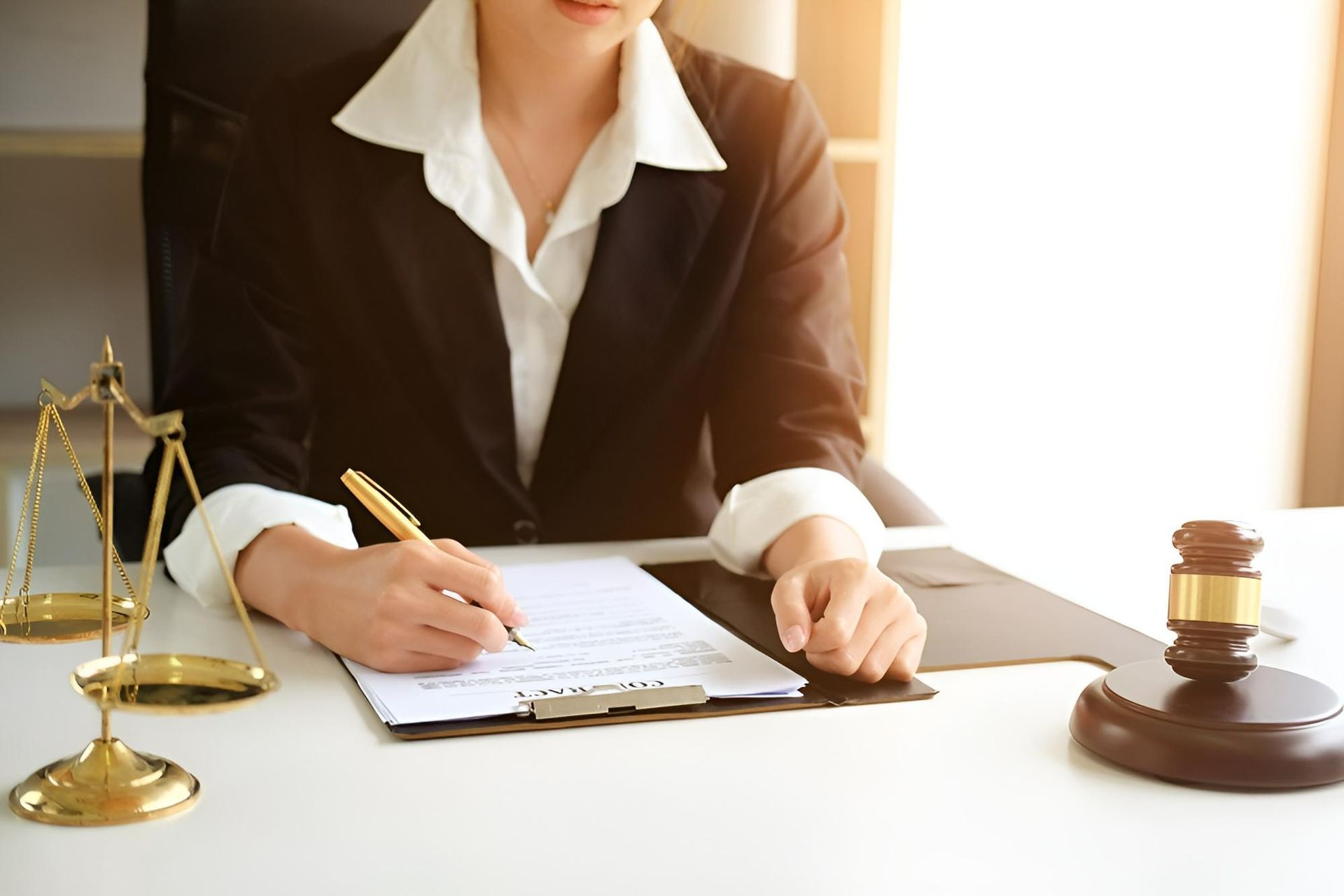 A Female Lawyer Is Sitting At A Desk — Clarence Valley Legal In Grafton, NSW