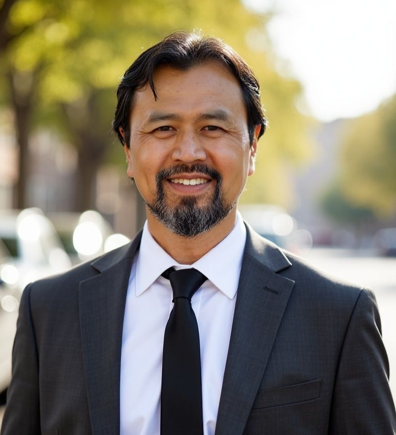 A woman is sitting at a desk with a laptop and a vase of flowers.