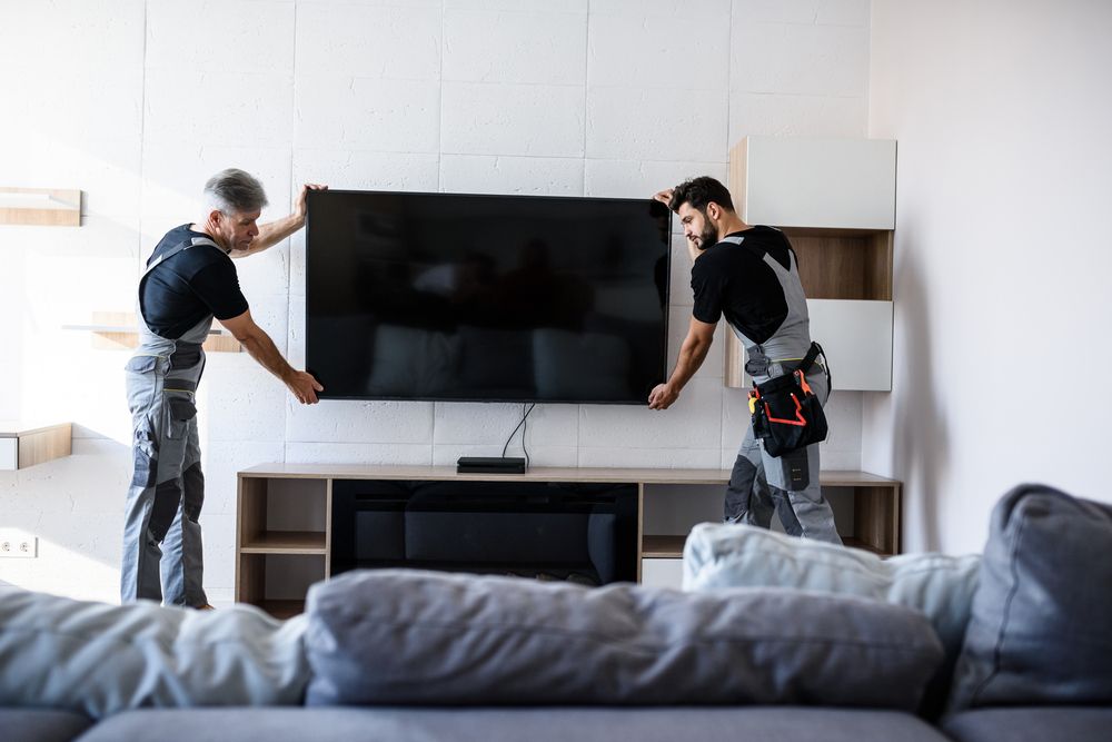 Two Men Are Installing a Flat Screen Tv in A Living Room — A1 Antenna Doctor In Port Macquarie, NSW