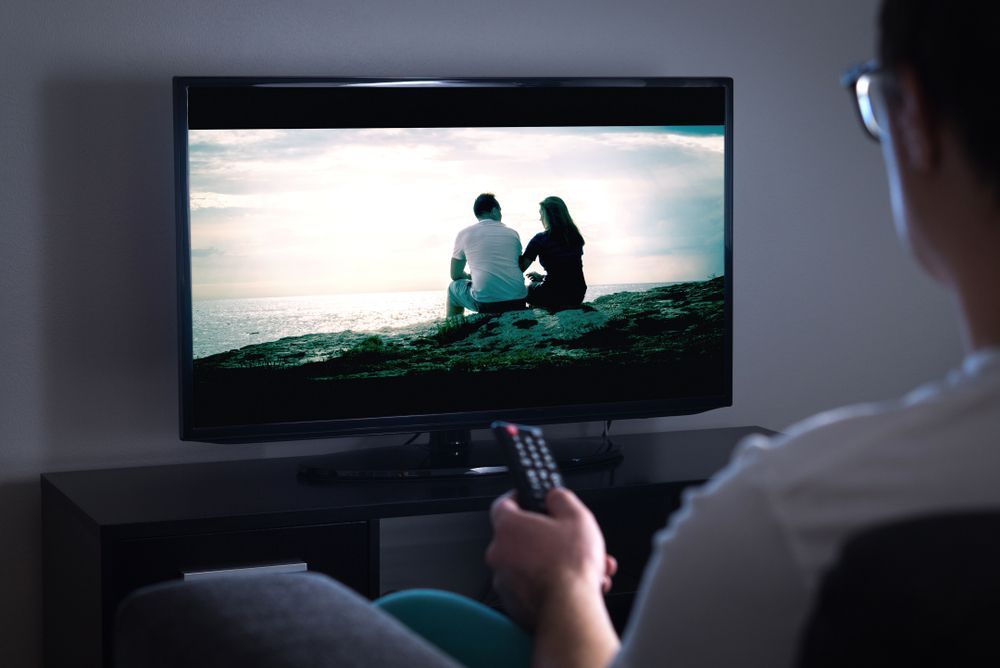 Person Holding Remote Watching Couple By Sea Scene