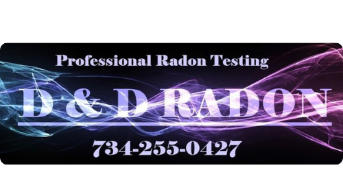 Logo for D & D Radon: text over an abstract, colorful background; contact phone number.