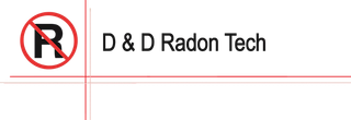 Logo for D & D Radon: text over an abstract, colorful background; contact phone number.