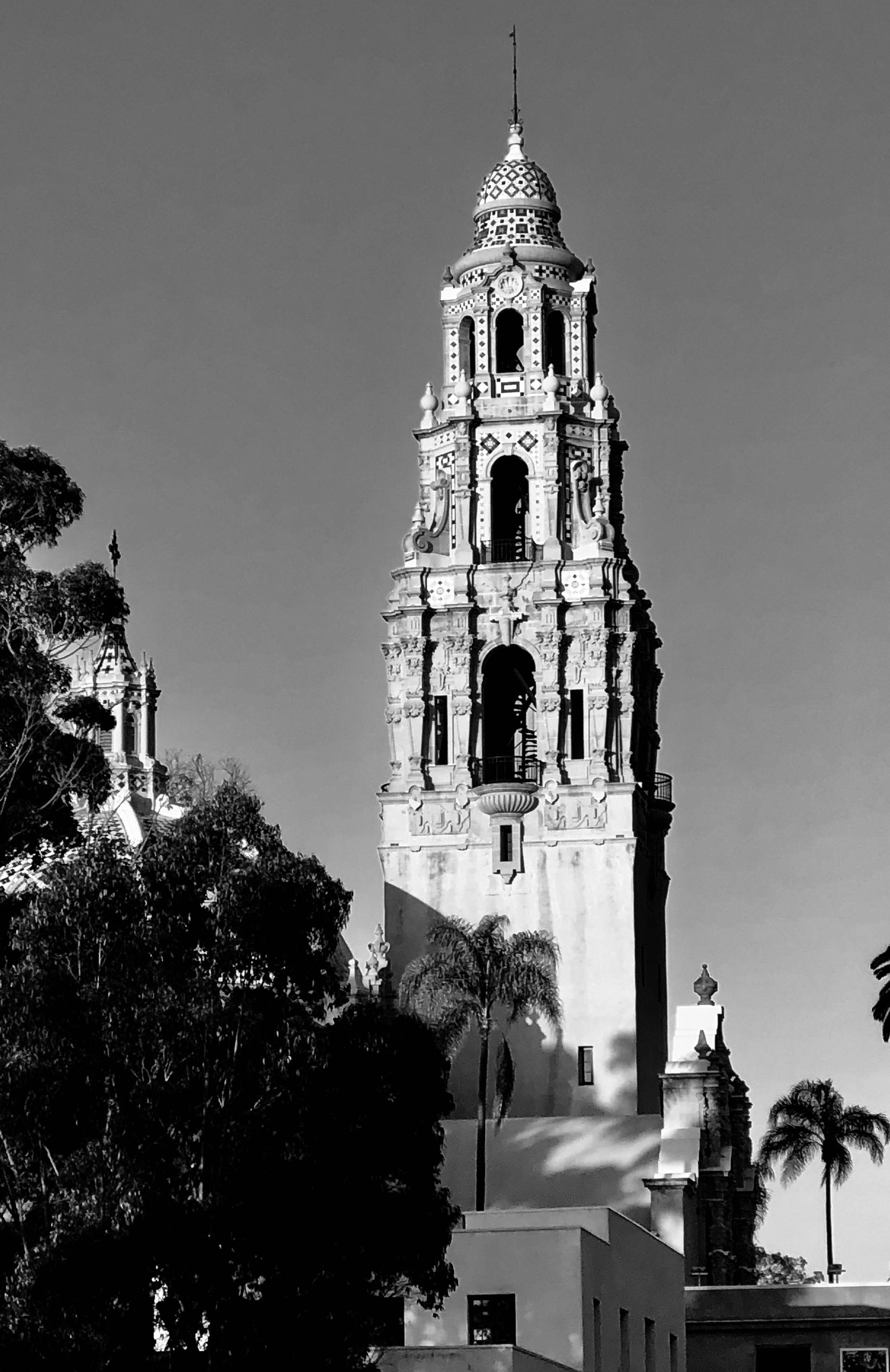 A black-and-white low-angle view of the ornate California Tower at Balboa Park in San Diego, partially obscured by trees.