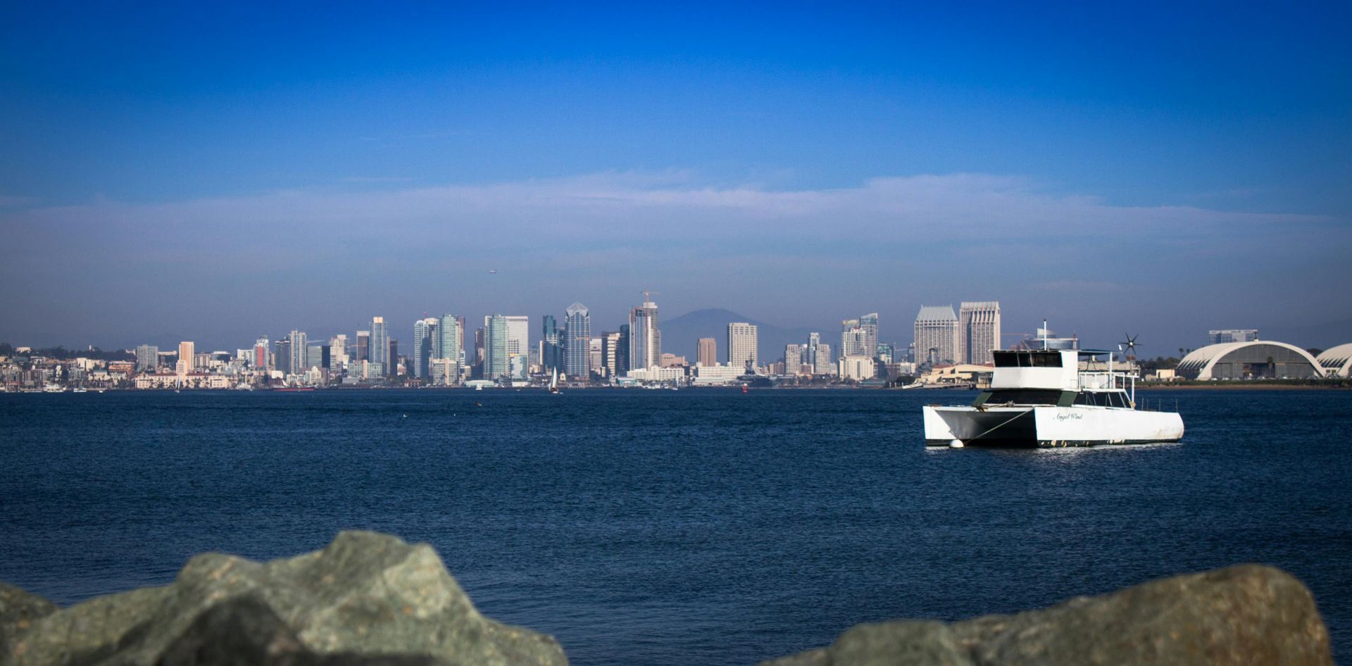 A white catamaran boat sailing on water in front of the San Diego skyline under a clear blue sky.