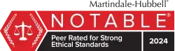 A red and black sign that says notable peer rated for strong ethical standards