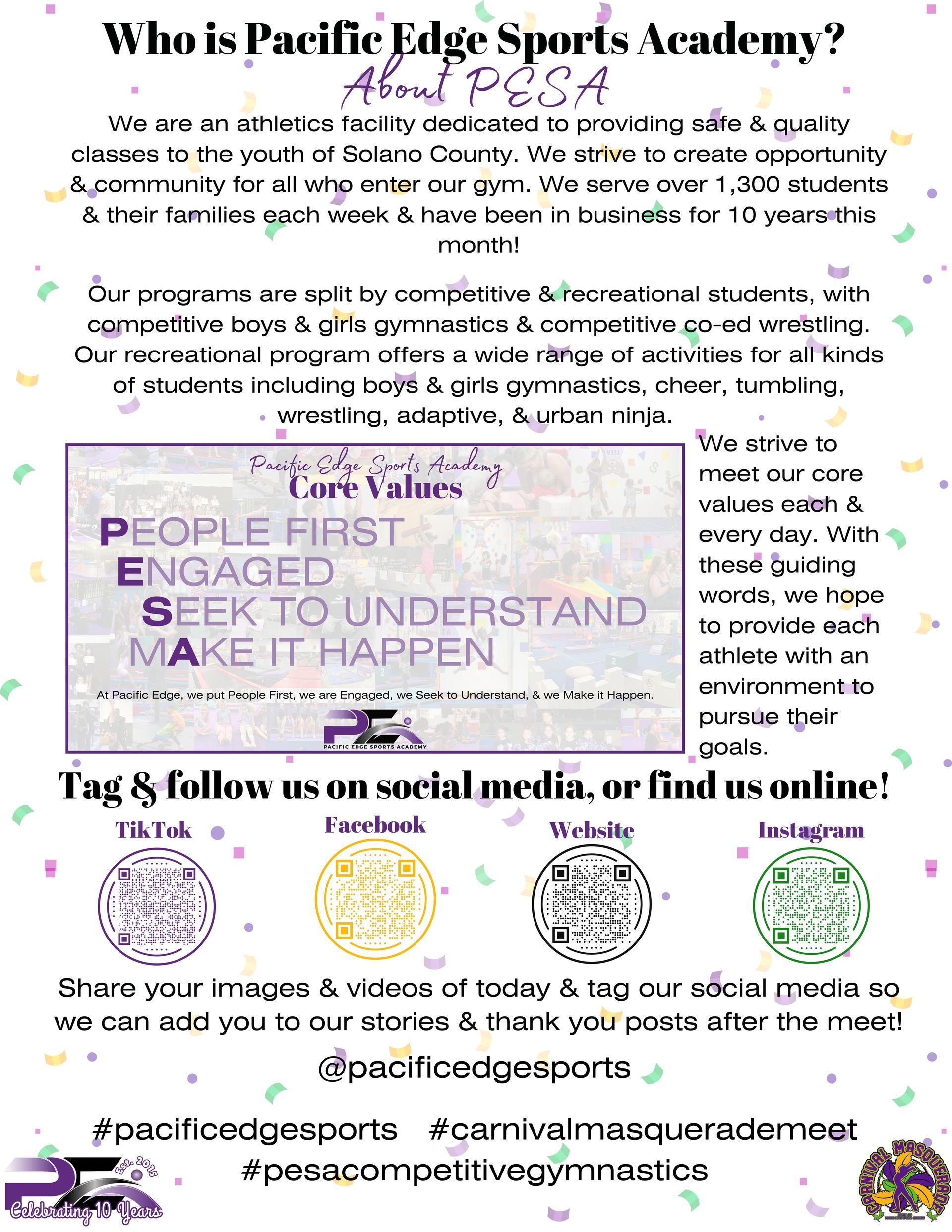 Follow the 2025 Carnival Masquerade Gymnastics Meet at Pacific Edge Sports Academy on TikTok, Facebook, and Instagram - Highlights also available on our website!