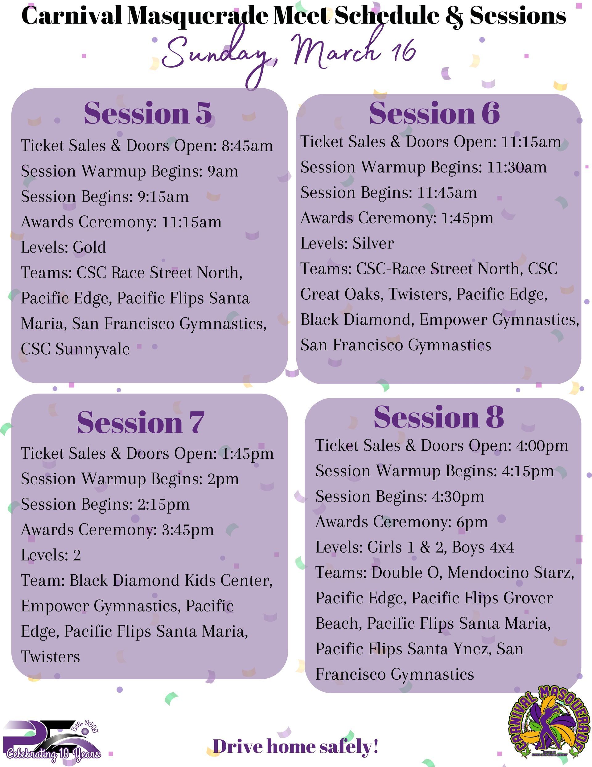 Session 5-8 for the 2025 Carnival Masquerade Gymnastics Meet at Pacific Edge Sports Academy