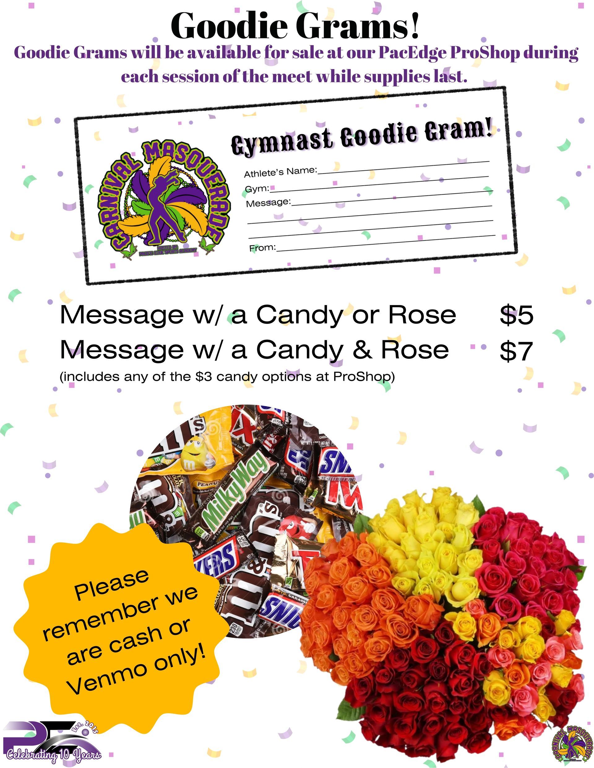 Get your gymnast a rose, candy, and a note of encouragement for the 2025 Carnival Masquerade Gymnastics Meet at Pacific Edge Sports Academy