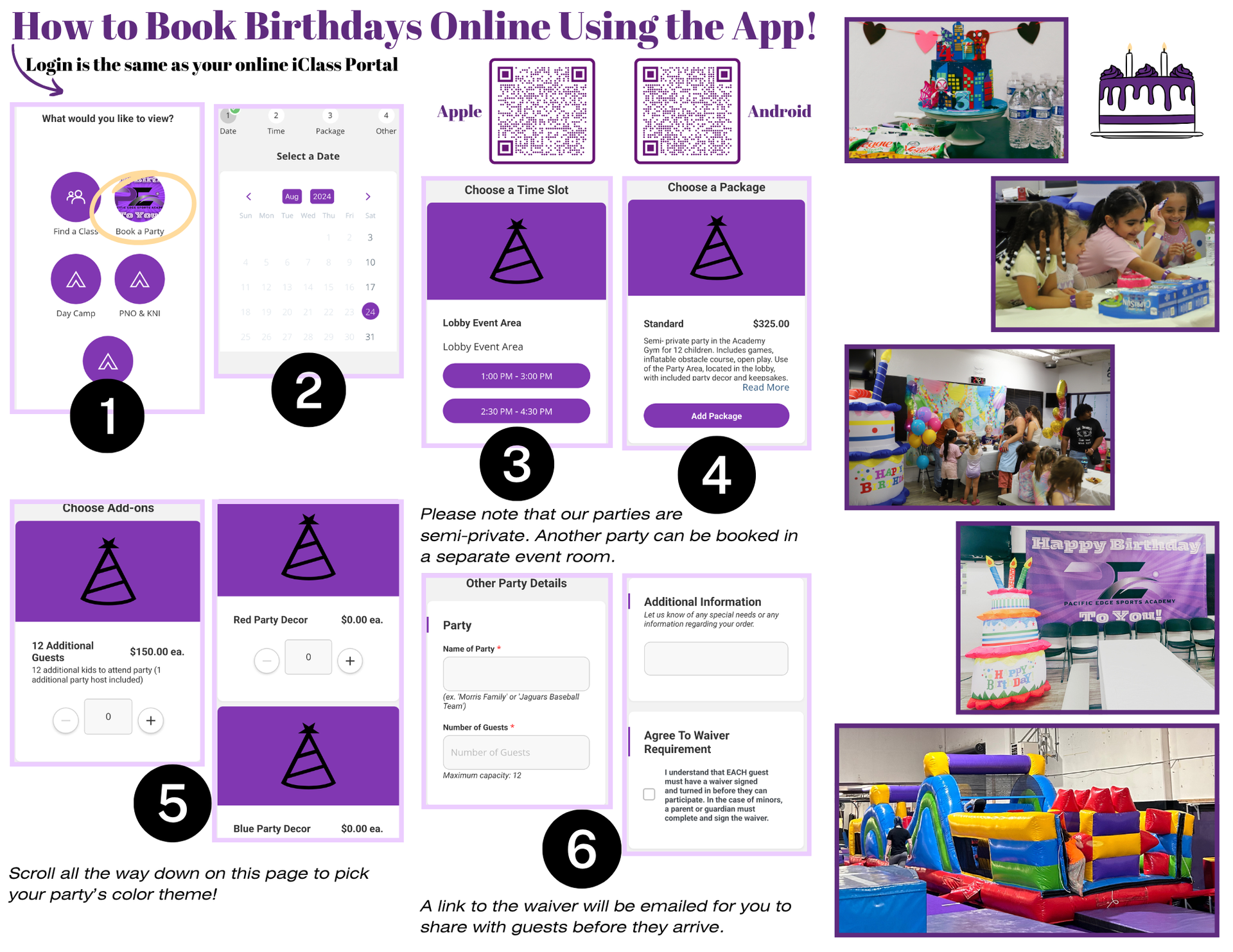 Birthday Parties Brochure (inside view) at Pacific Edge Sports Academy