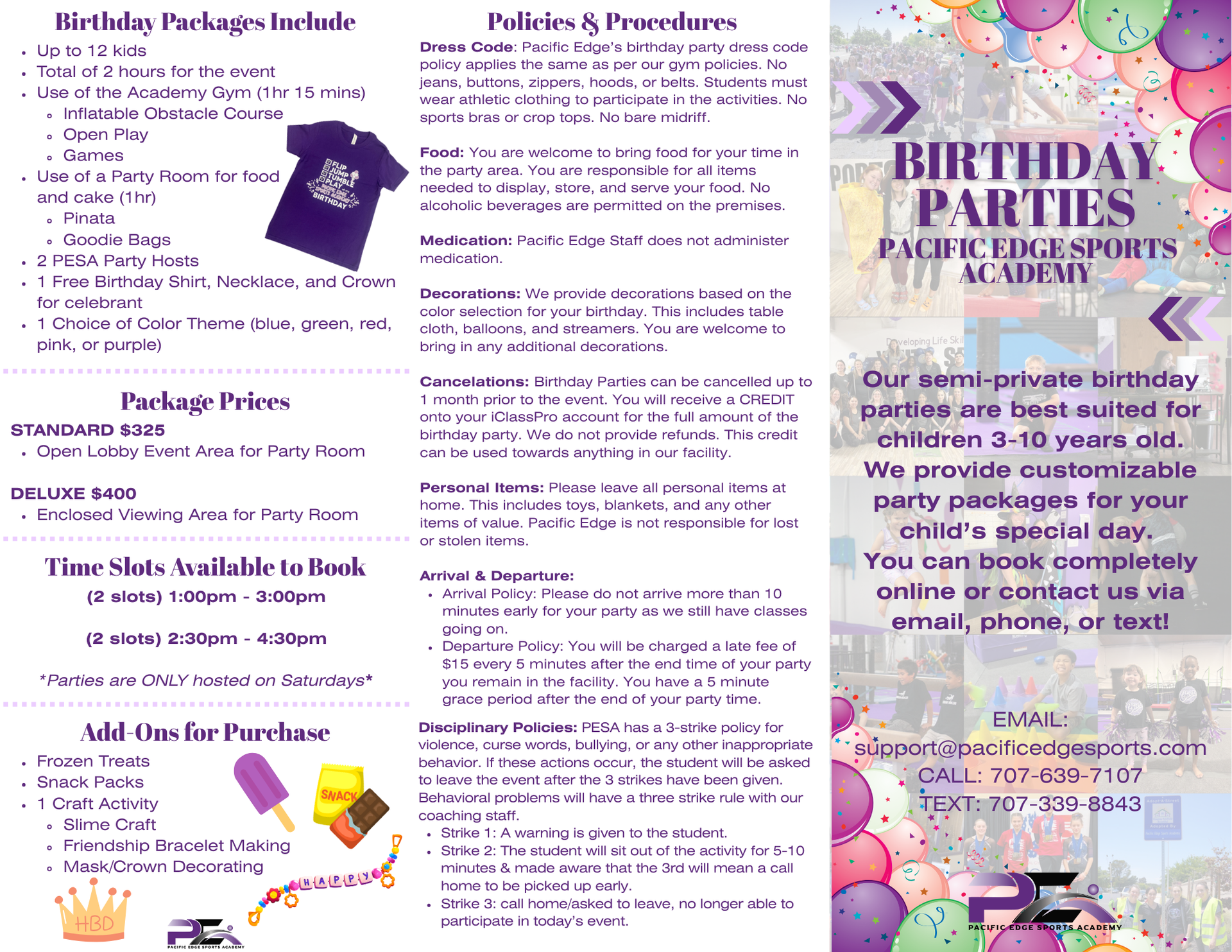 Birthday Parties Brochure (outside view) at Pacific Edge Sports Academy