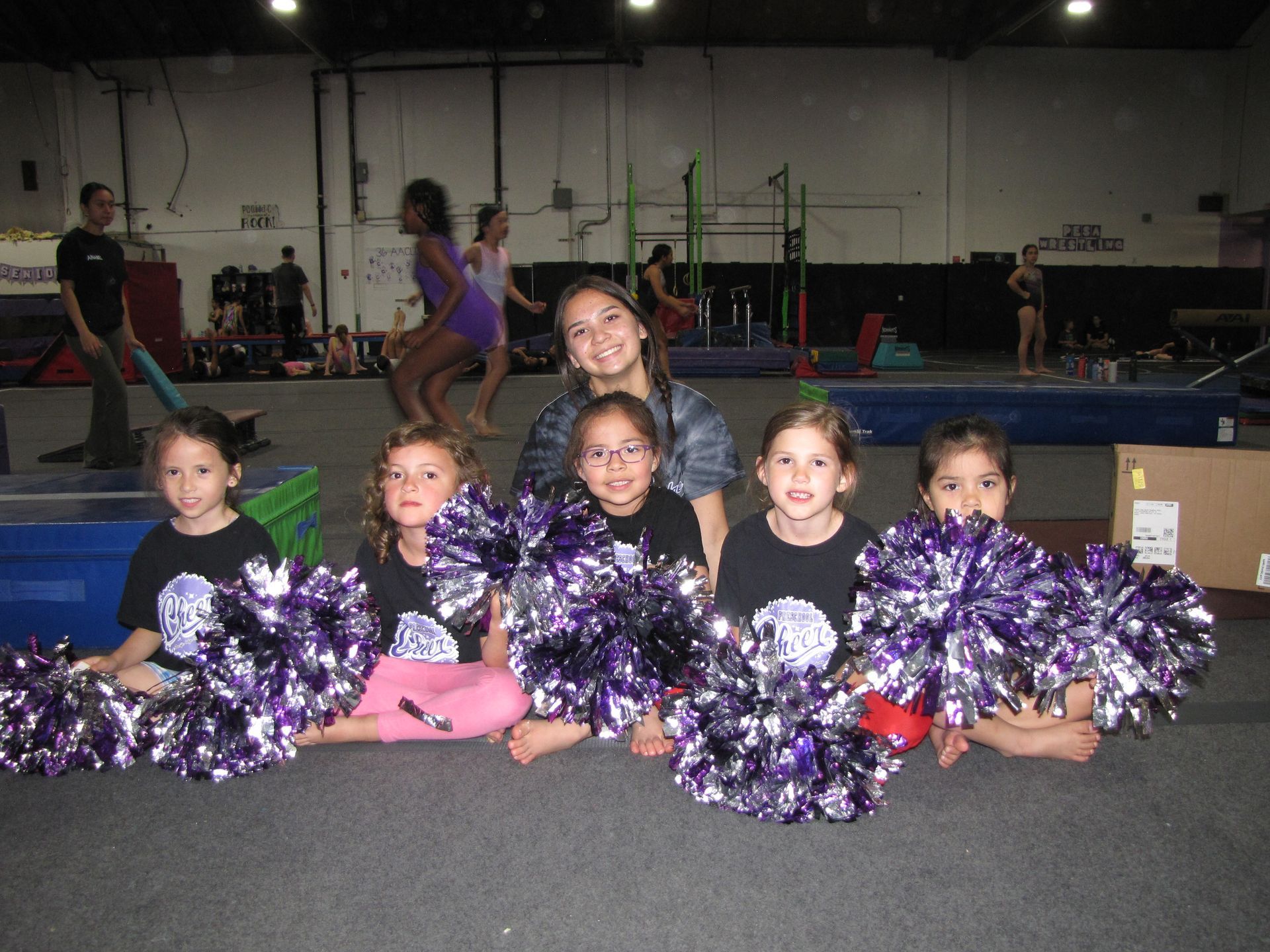 A group of cheerleaders are posing for a picture in a gym