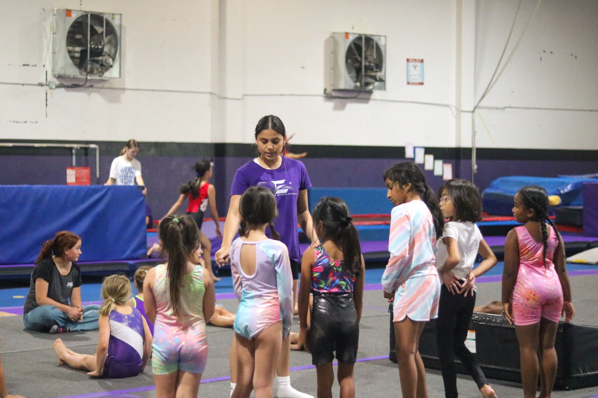 A group of young girls are standing in a gym talking to each other.