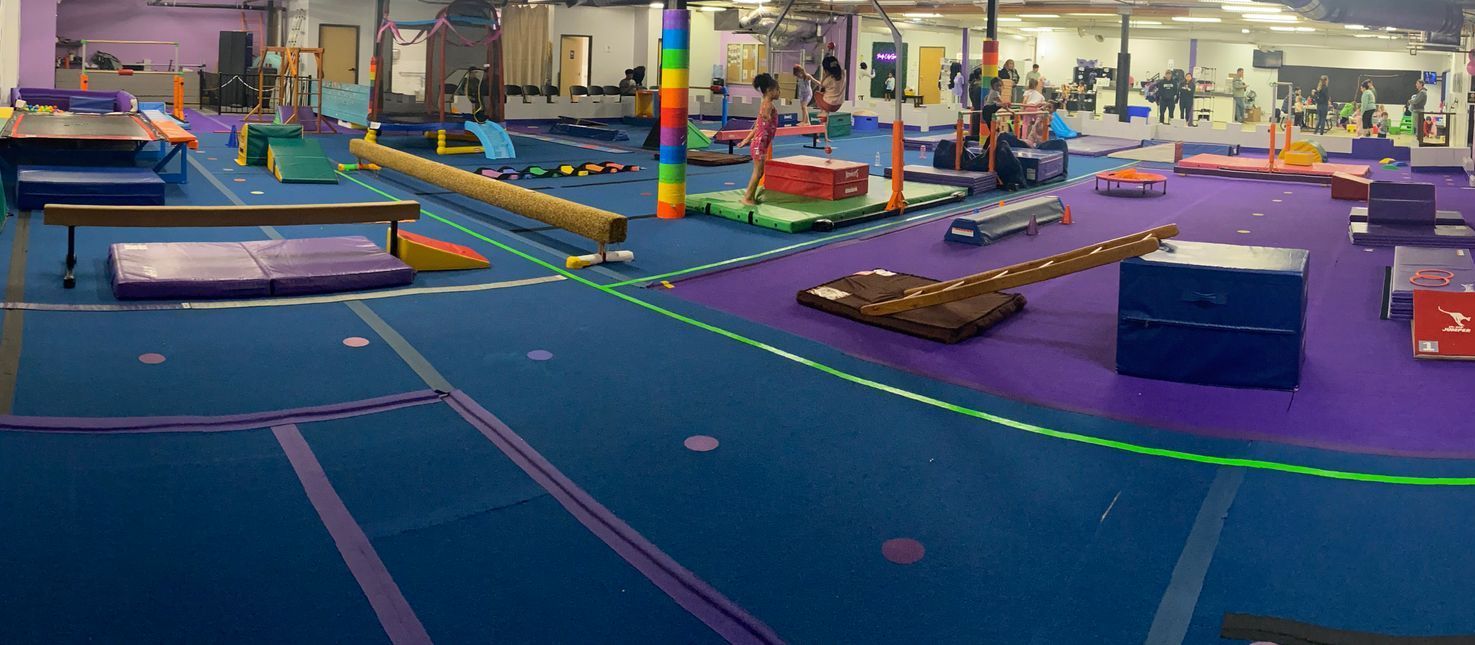 A gym filled with lots of equipment and a purple floor.