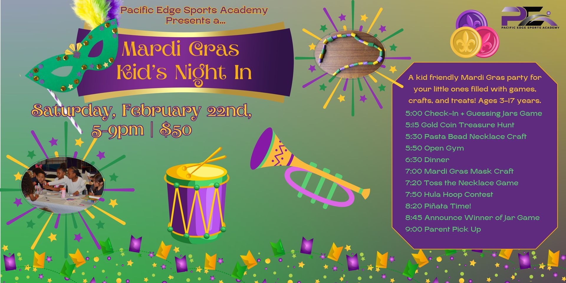 Mardi Gras Kids Night in Event at Pacific Edge Sports Academy Flyer - Come Join the FUN!