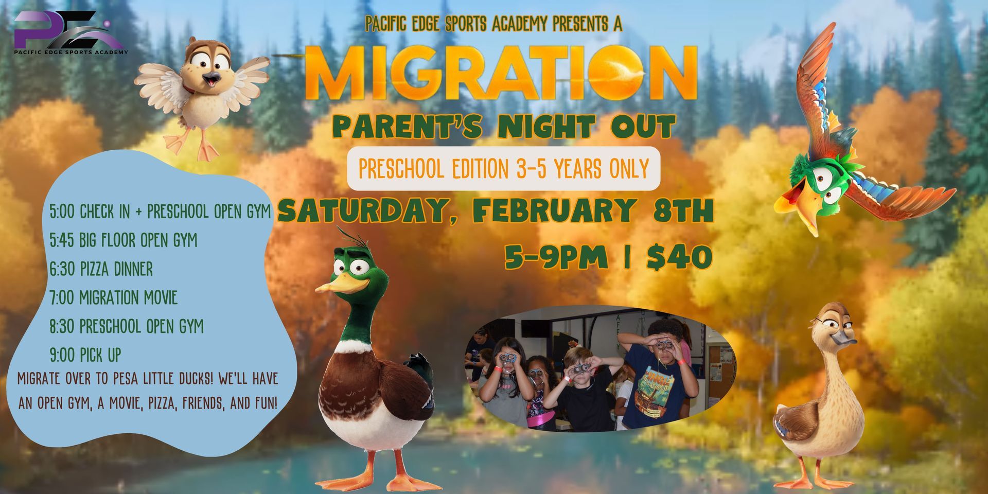 February Parent's Night Out Event at Pacific Edge Sports Academy Flyer - Come Join the FUN!