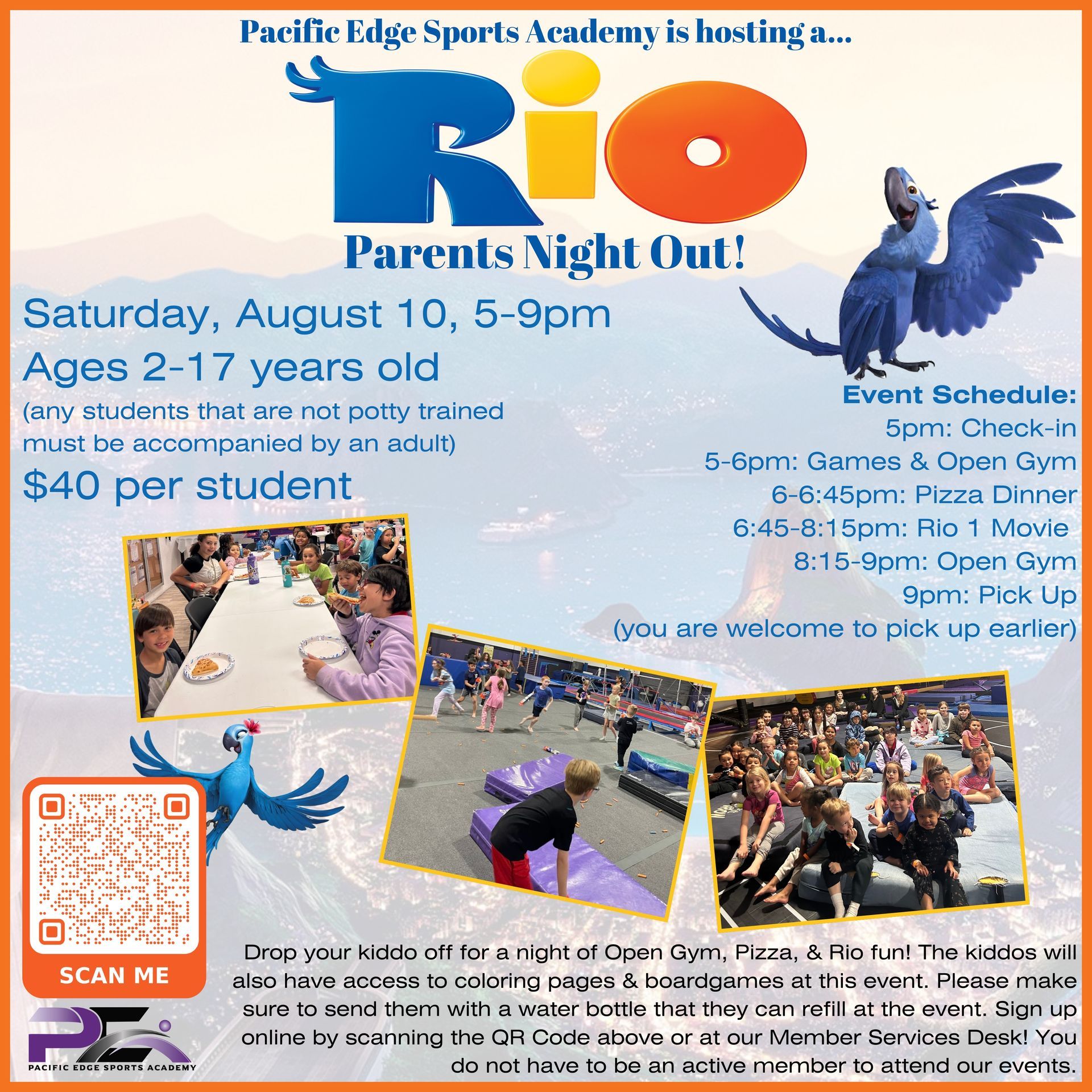 Parent's Night Out - August 10, 2024 Event at Pacific Edge Sports Academy Flyer - Come Join the FUN!