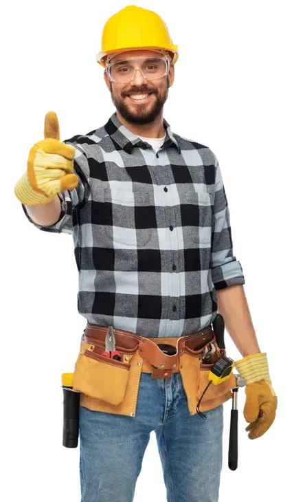 Construction worker in yellow hard hat and gloves gives thumbs up.