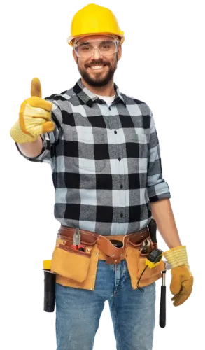 Construction worker in yellow hard hat and gloves gives thumbs up.