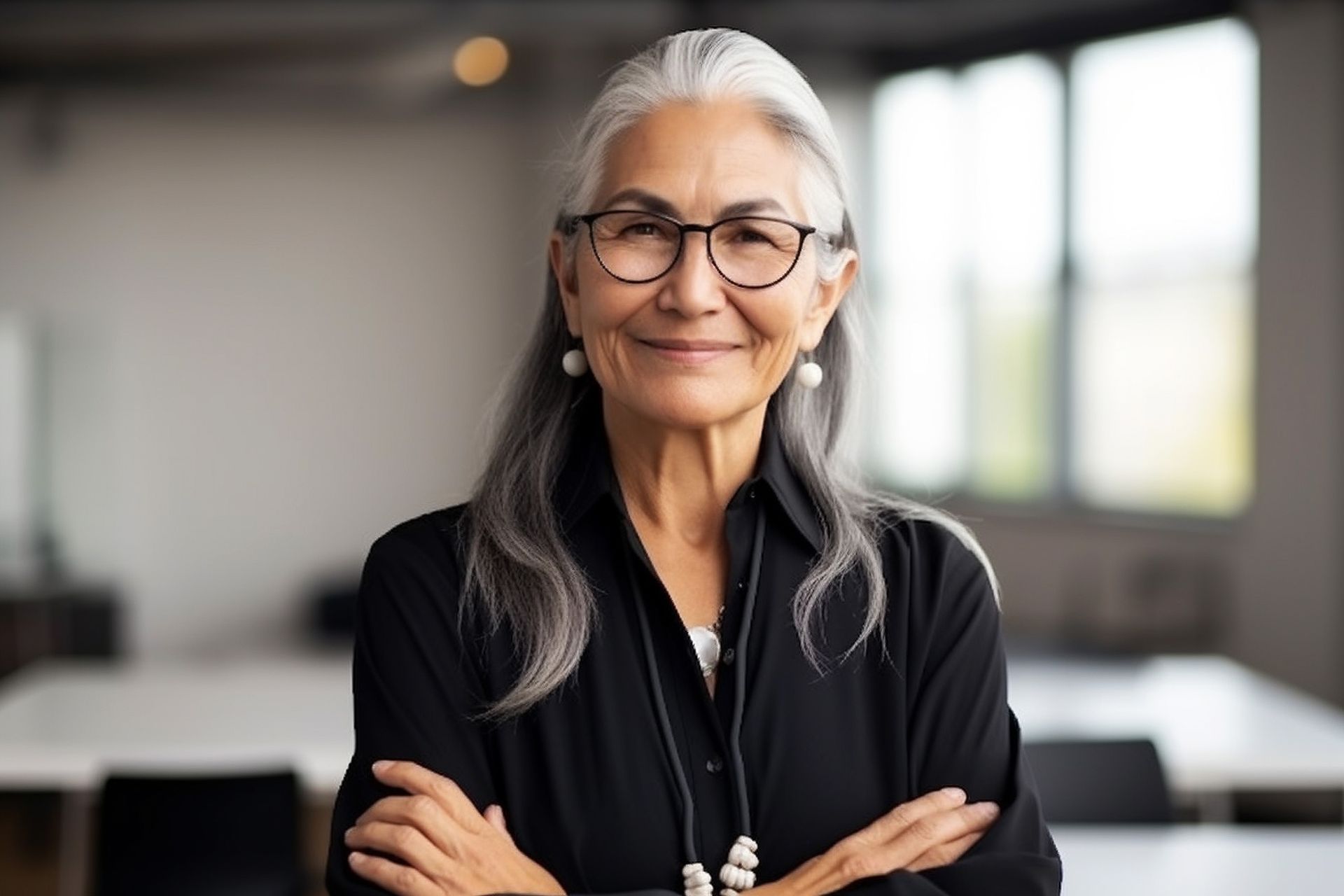 grey haired woman smiling, with arms crossed