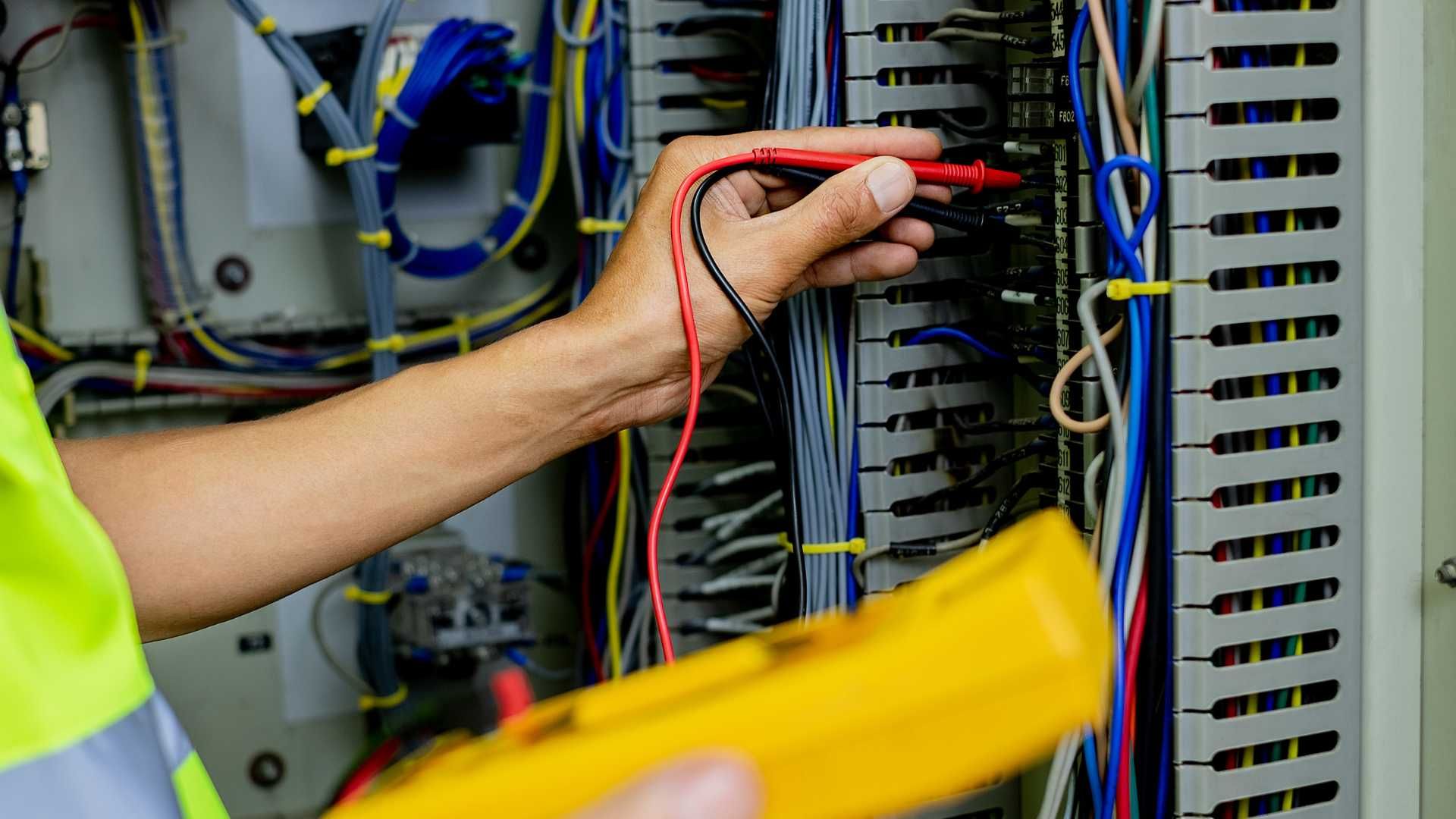 An electrician is working on an electrical panel with a multimeter.