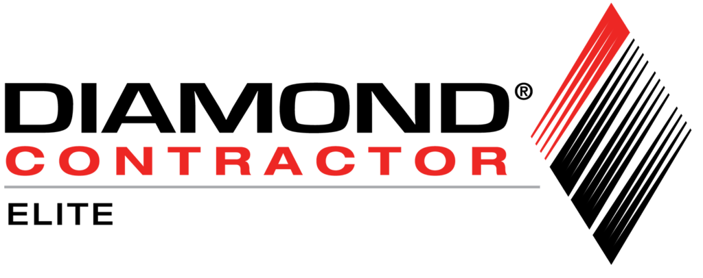 The logo for diamond contractor elite is black and red.