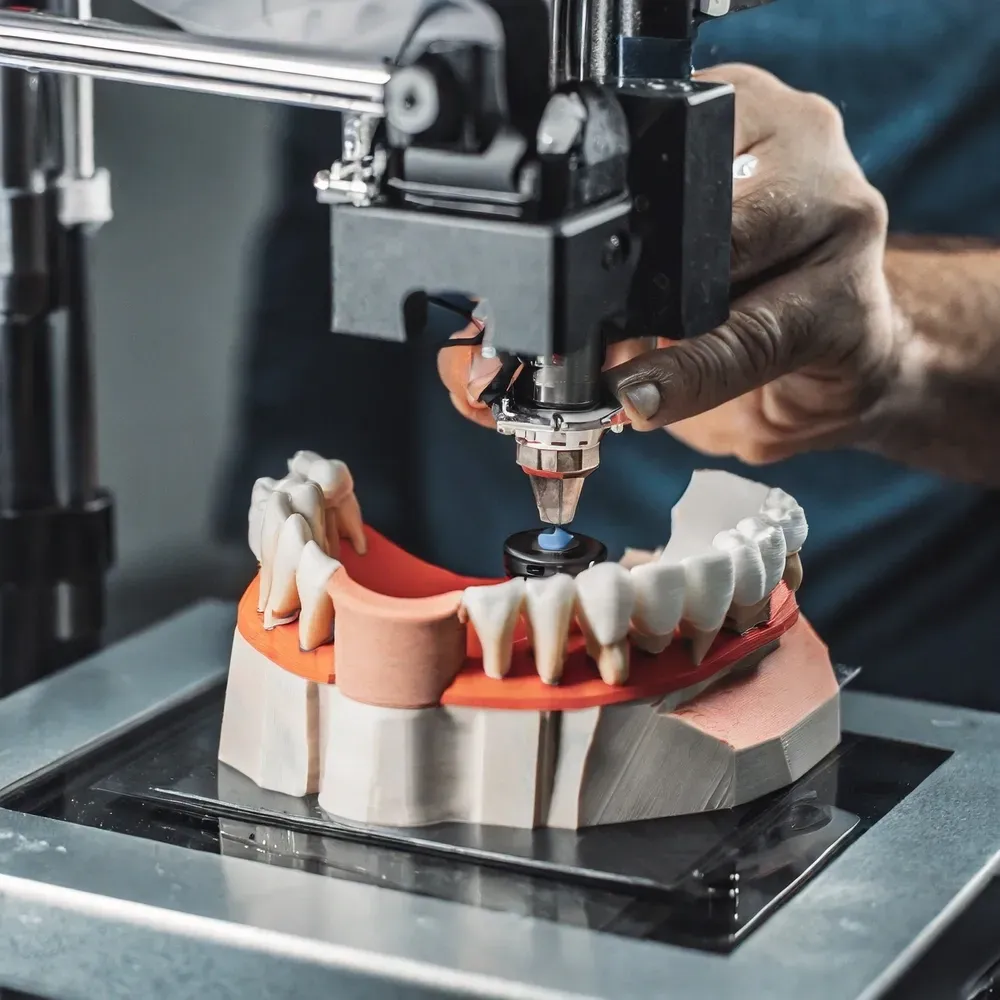 A dental technician using a 3D printer to create a model of a full set of teeth. — AB Esthetic Dental Laboratory in Brisbane, QLD
