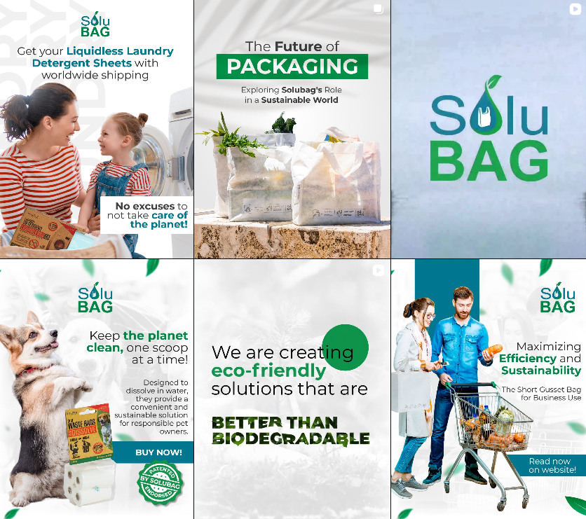 Anuncios de Sólu Bag con diversos elementos visuales.