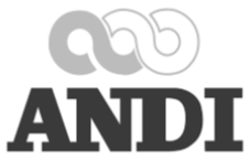 Logotipo para ANDI, con tres bucles enlazados encima del texto.