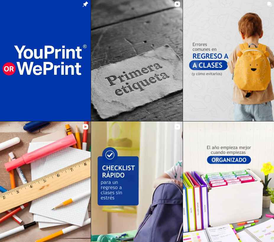 Collage que promociona los útiles escolares. Incluye imágenes de etiquetas, un niño con mochila y cuadernos organizados.