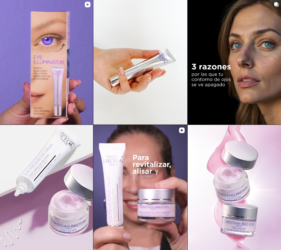Collage con productos para el cuidado de la piel: contorno de ojos y crema facial.