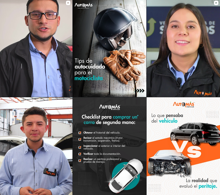 Un anuncio en pantalla dividida presenta personas y gráficos sobre ventas de motocicletas y automóviles.