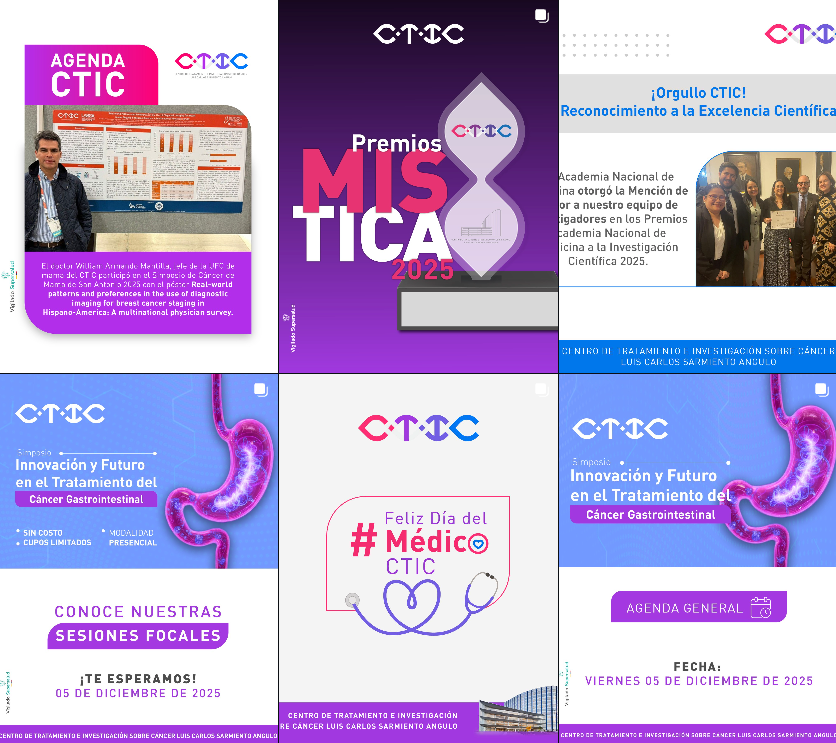Gráficos promocionales de CTIC: Agenda, premios, temática médica, en morado, blanco y verde azulado, con texto y logotipos.