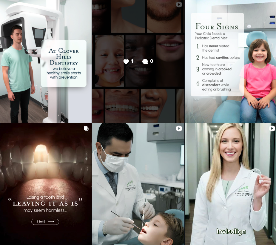 Escenas del consultorio del dentista: pacientes con equipo dental, sonrisas y un médico examinando a un paciente.