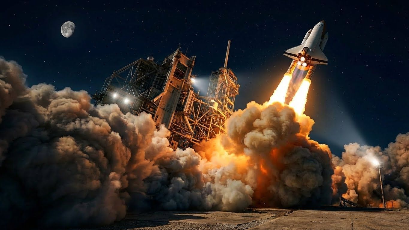 El transbordador espacial despega de noche, rodeado de llamas y humo. La luna es visible en el cielo oscuro.