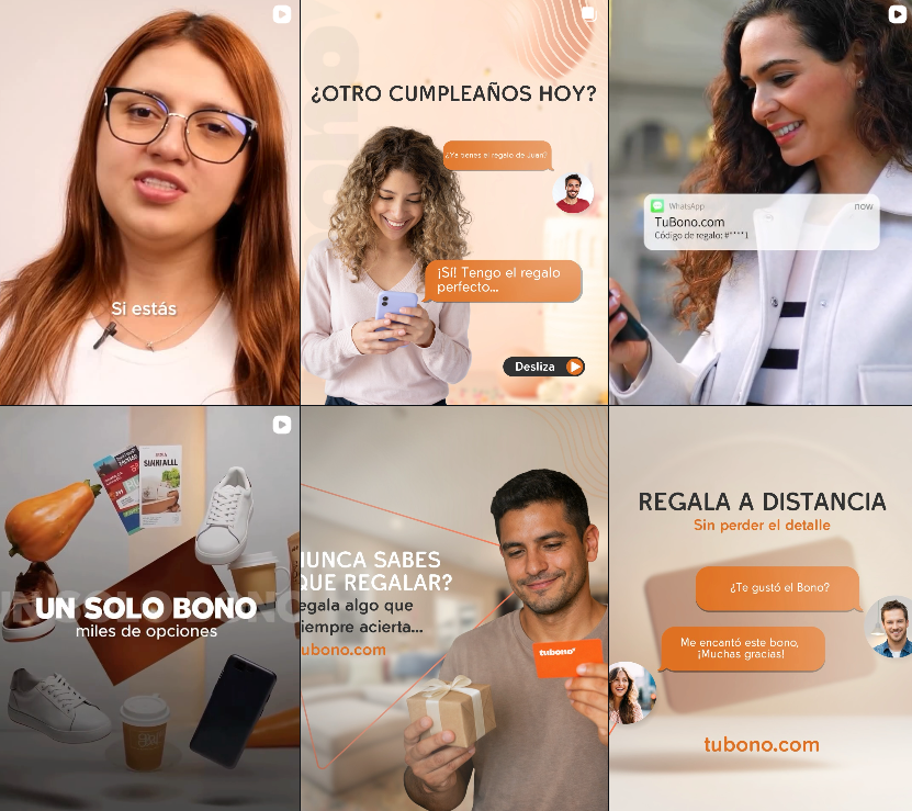 Six Instagram posts advertising Tubono gift cards. Text includes 