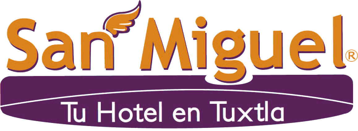 Logotipo del hotel San Miguel en color naranja y morado, con el texto 