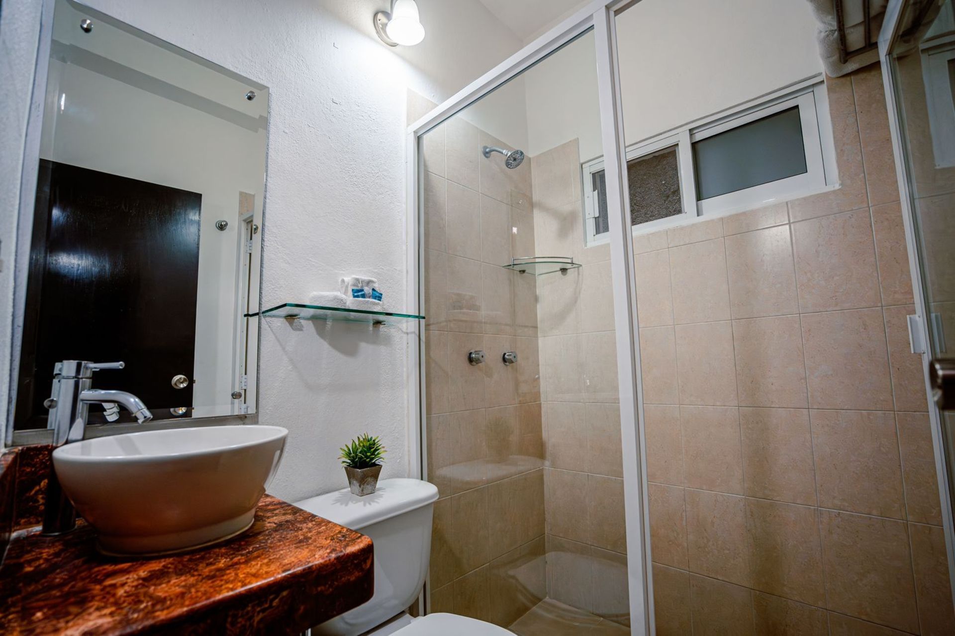 Baño con ducha, lavabo, inodoro y espejo, decorado en tonos marrones y con una pequeña planta.