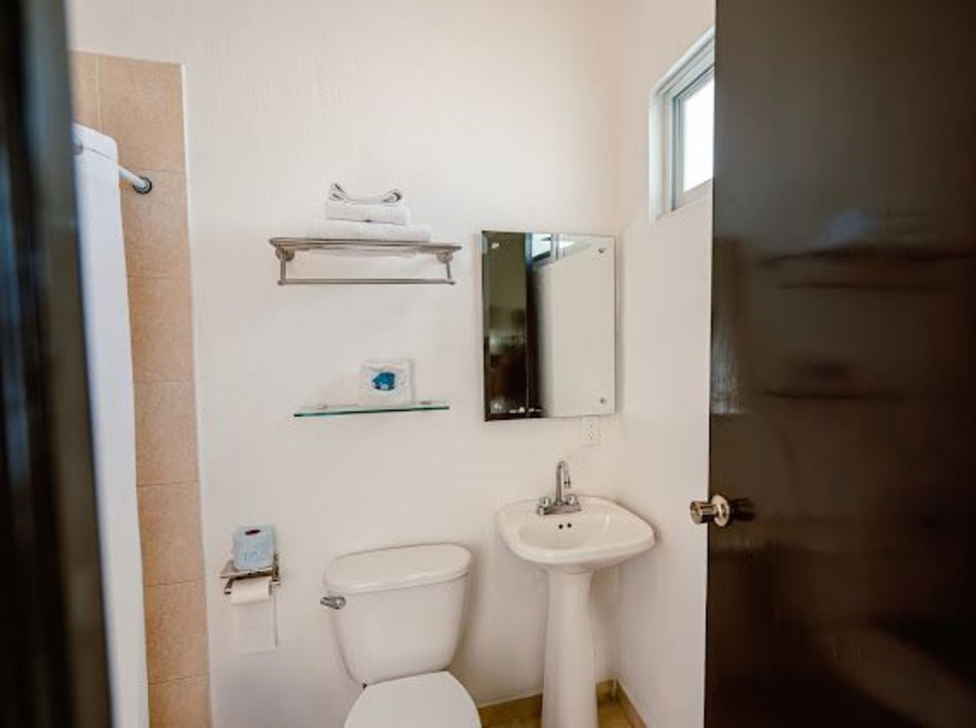 Baño pequeño con inodoro, lavabo, espejo, estantería y toallero. Paredes blancas y luminosas.