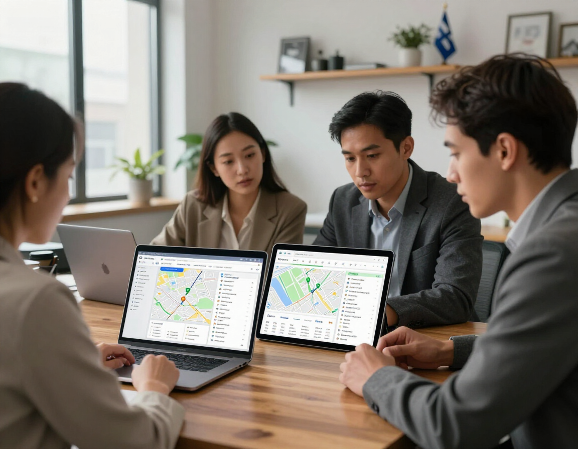Équipe analysant les résultats de recherche locale