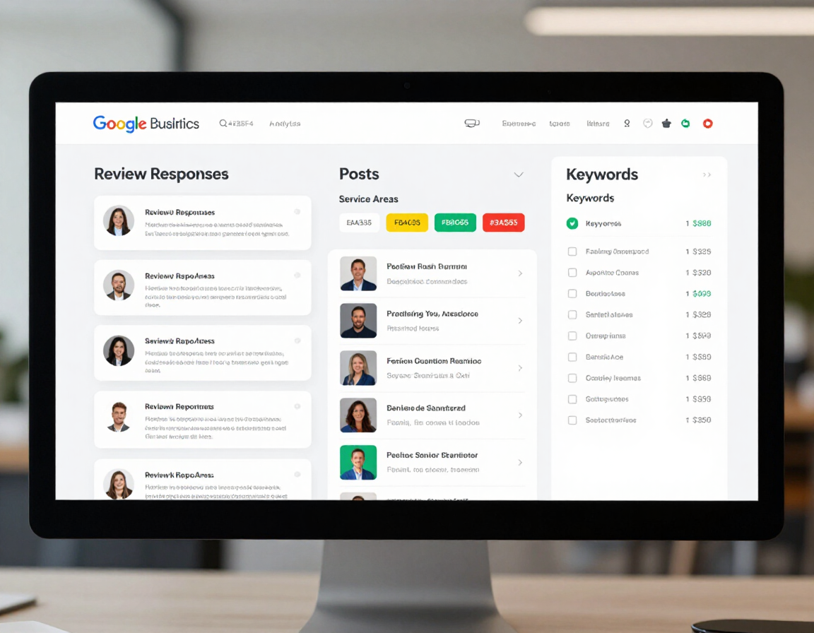Écran d’optimisation Google Business Profile avec avis et publications