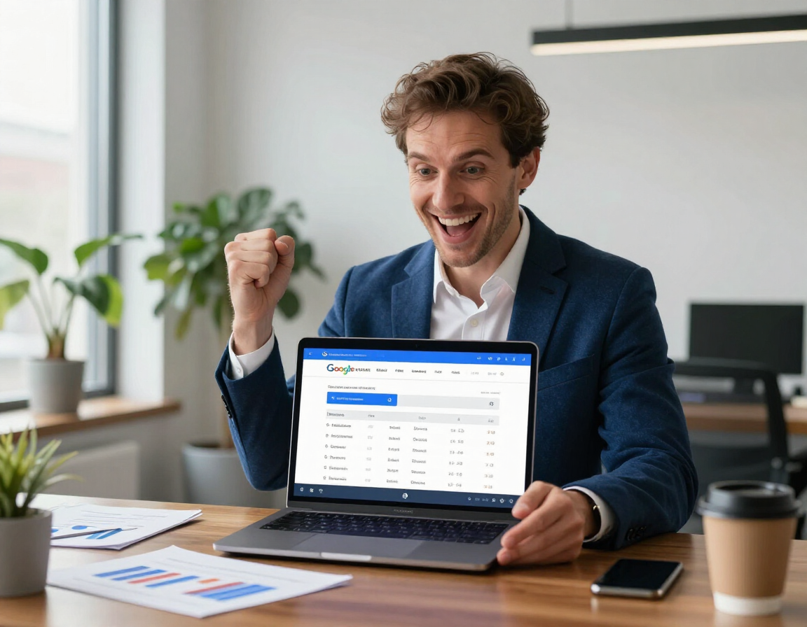 Propriétaire célébrant de meilleurs résultats de visibilité Google