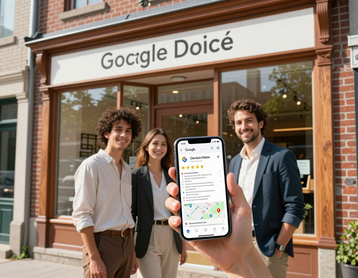 Équipe locale devant sa vitrine avec une fiche Google Business Profile optimisée